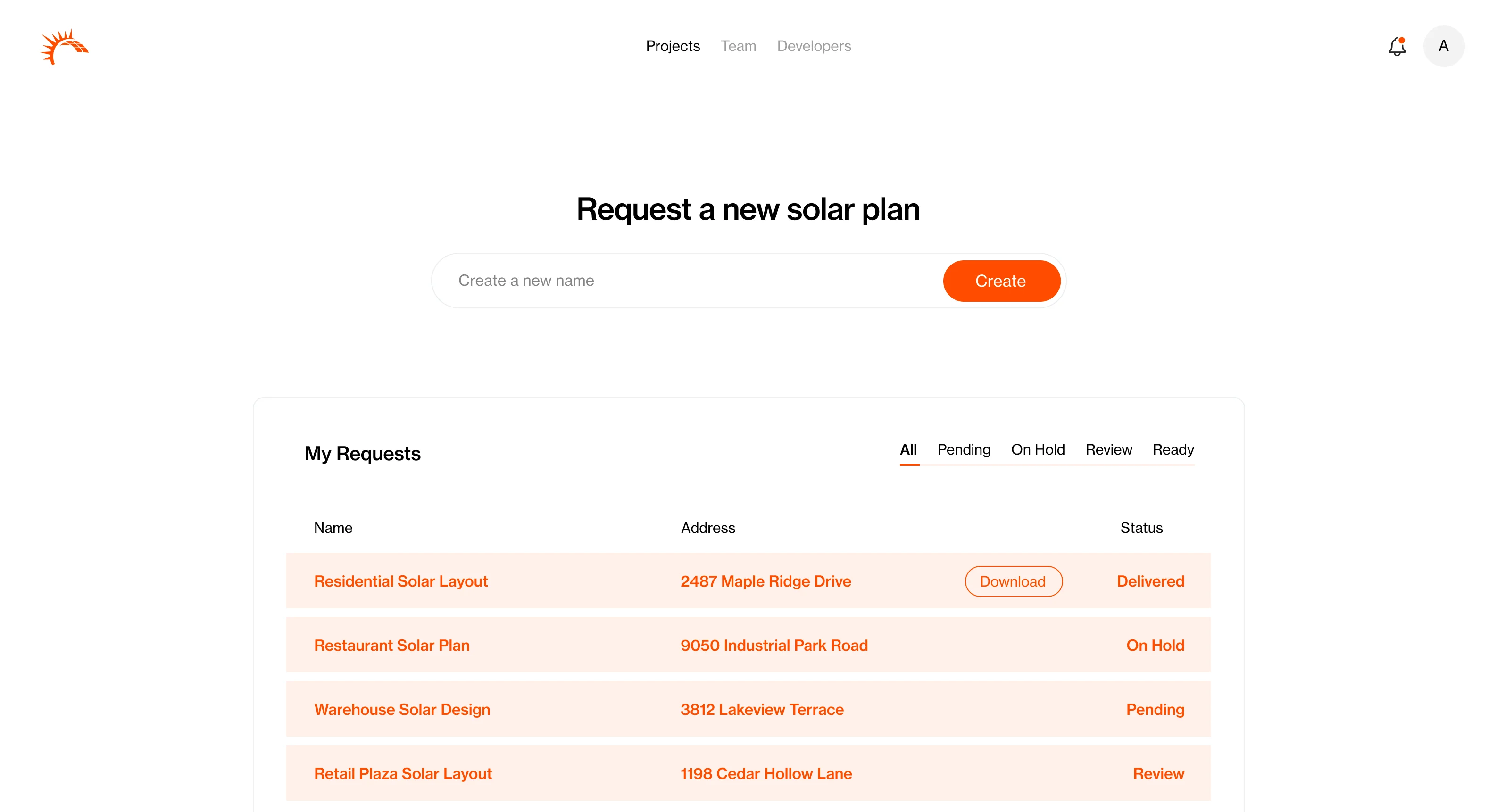 PV Design dashboard request list