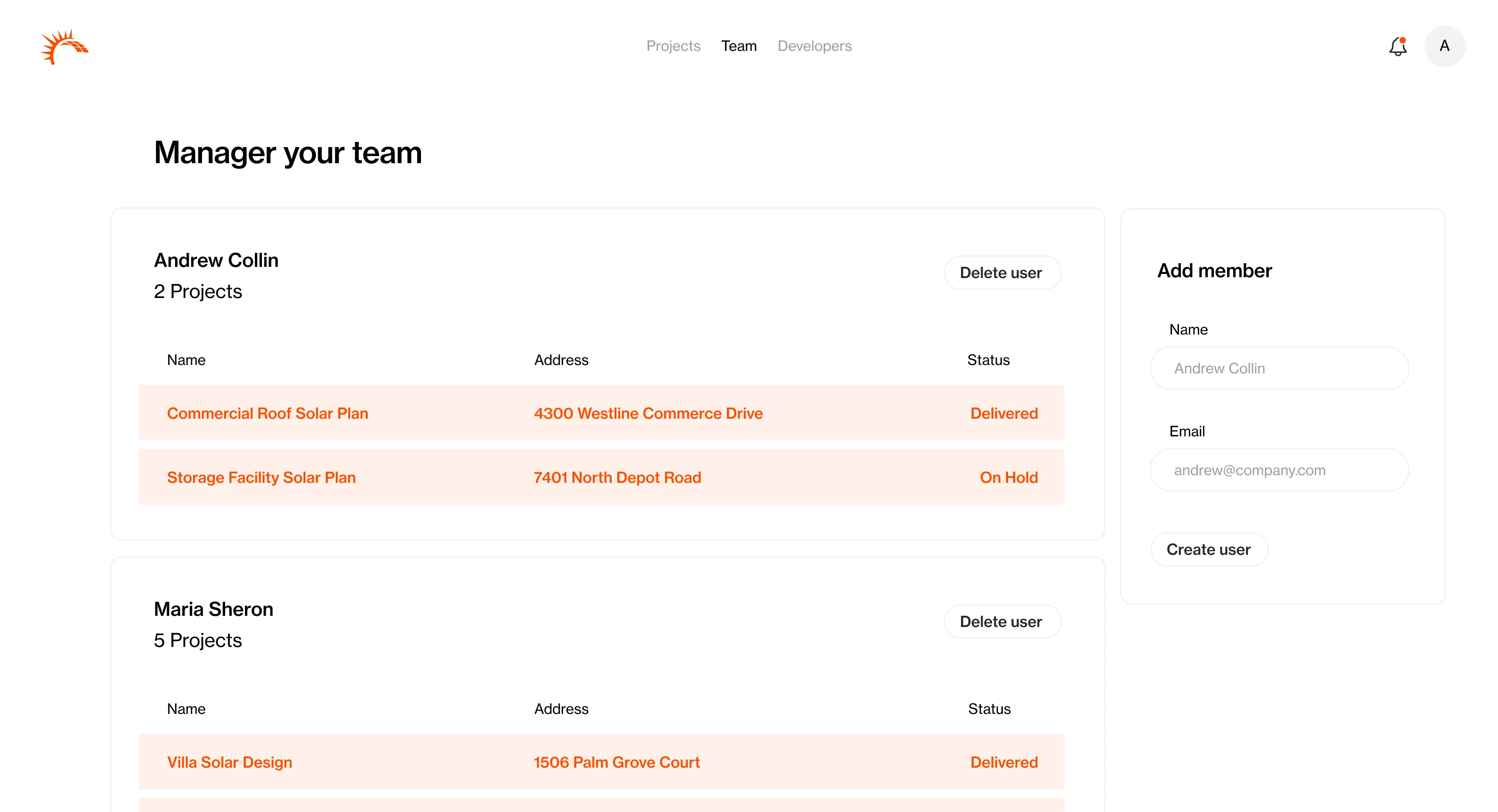 PV Design team management view